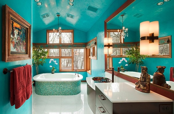 salle de bains vert bleu marine baignoire