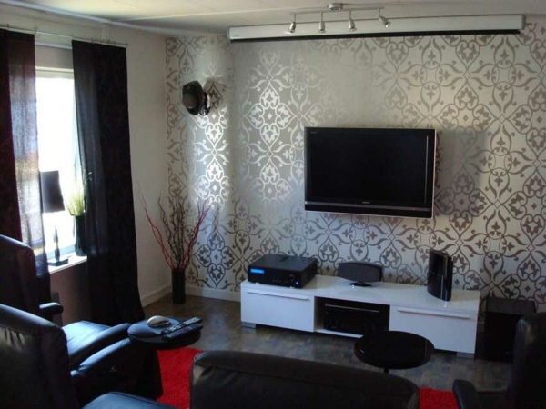 salle de séjour contemporaine papier peint gris chic