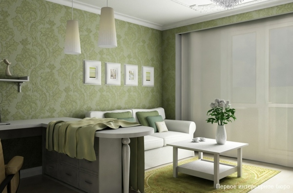 salle de séjour papier peint design vert