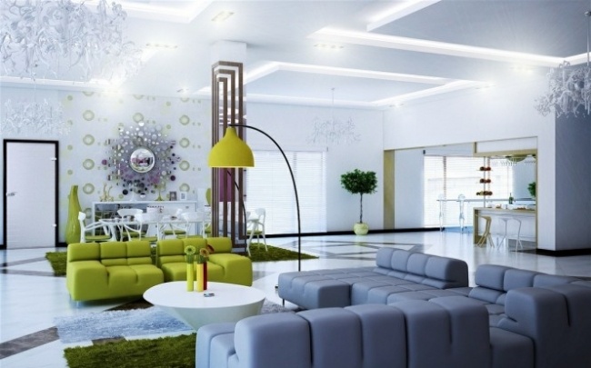 salle-séjour-couleurs-fraîches-canapés-verts-tapis-verts-lampe-poser-canapé-blanc idées salle de séjour