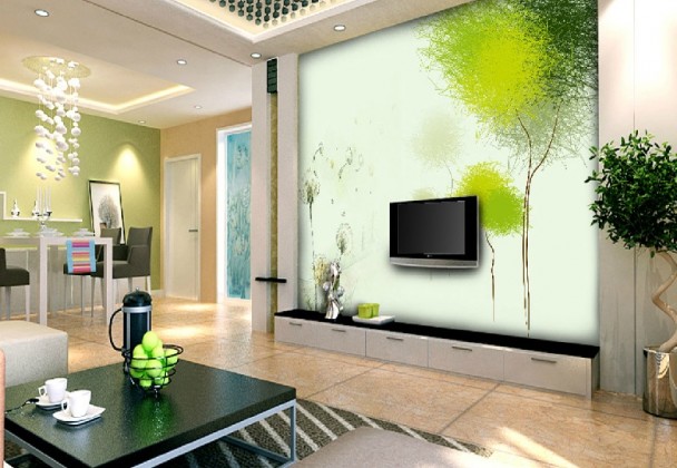 salle-séjour-couleurs-fraîches-déco-murale-vert-arbre-décoratif idées salle de séjour