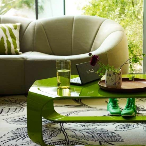 salle-séjour-couleurs-fraîches-table-basse-café-verte-canapé-blanc-tapis-motifs idées salle de séjour
