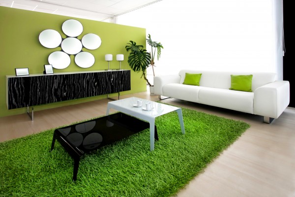 salle-séjour-couleurs-fraîches-tapis-vert-herbe-canapé-blanc-coussins-verts idées salle de séjour