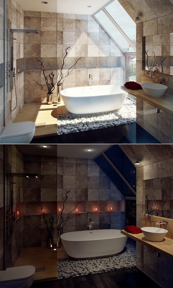 salles de bains nature baignoire galets carrelage velux