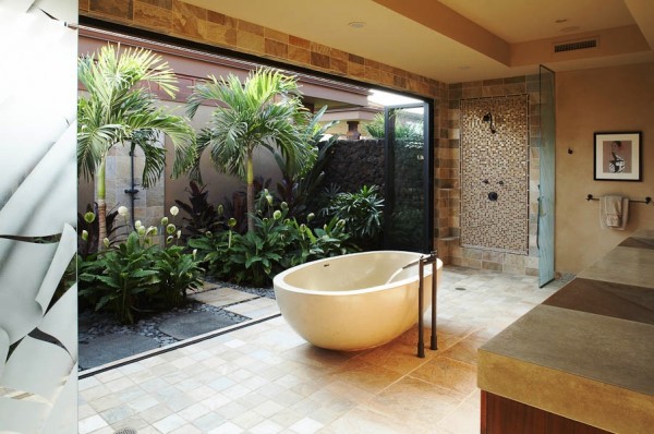 salles de bains nature baignoire ilot blanc atrium