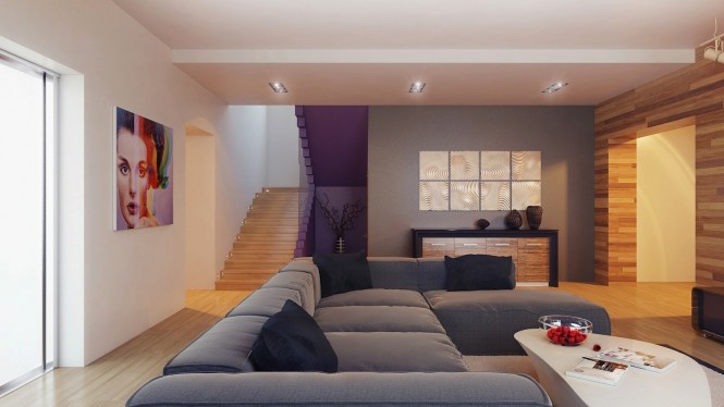 salon avec éscalier violet