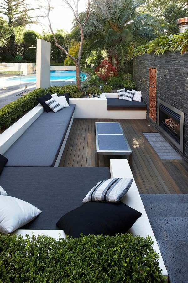 salon de jardin luxe piscine dalles bois