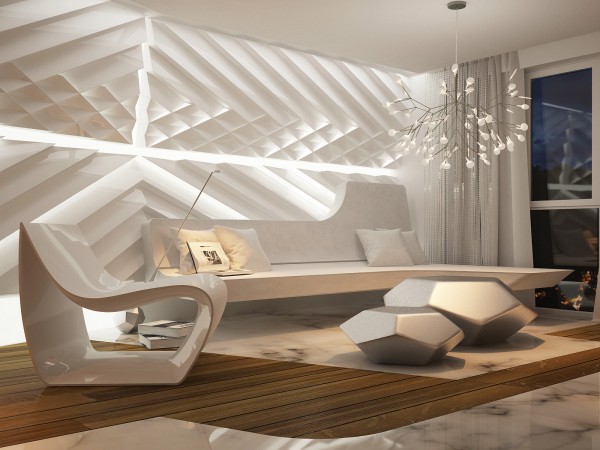 salon design futuriste meubles blancs