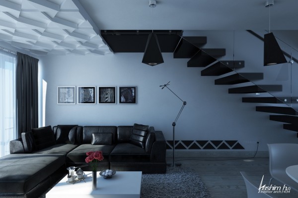 salon moderne appartement loft noir blanc