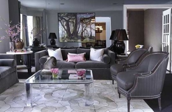 salon moderne meubles couleur grise table verre