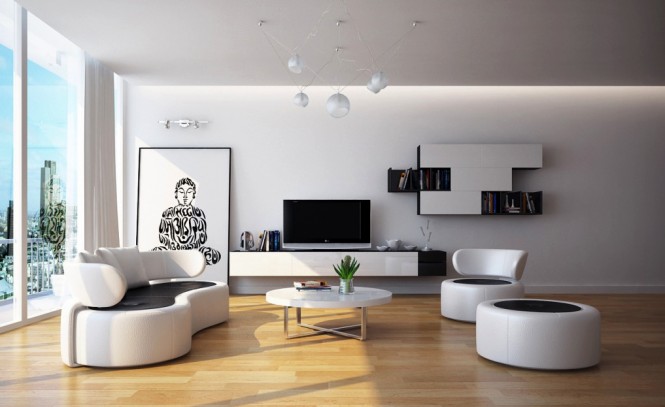 salon moderne minimaliste blanc noir
