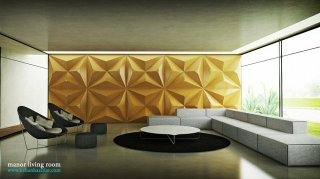 salon ultra moderne mur jaune canapé gris
