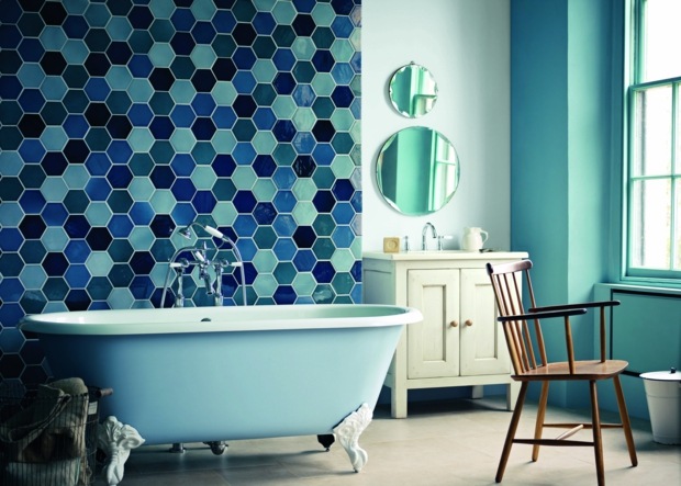 superbe carrelage mural salle de bain nid abeille nuances bleues