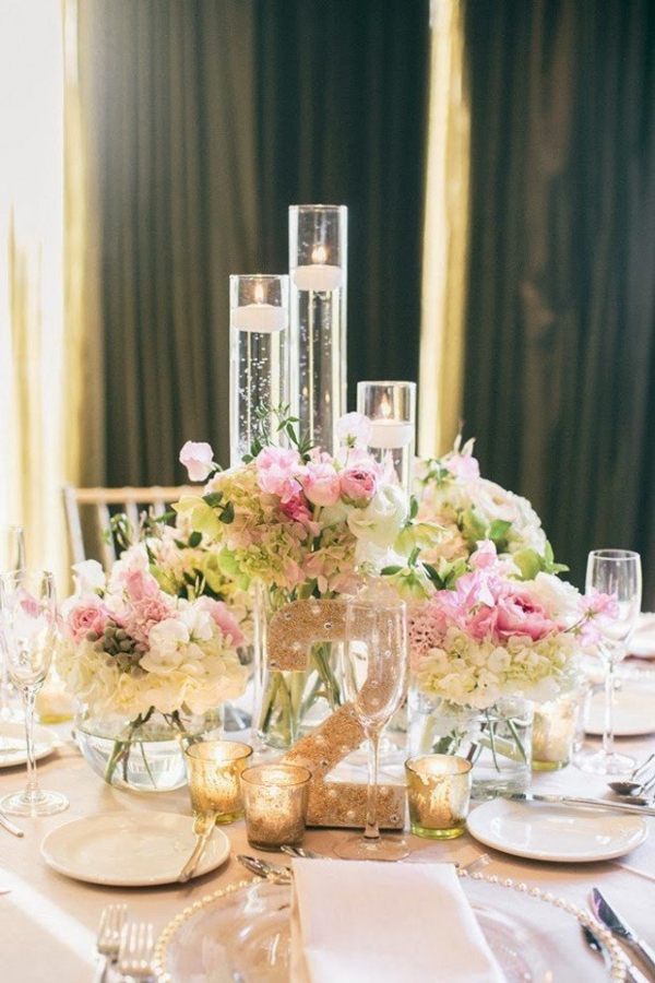 table decoration fleurs rose pale bougies
