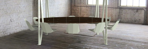 table-design-suspendue-King-Arthur-Round-Table-sièges-blanc-plateau-bois-sombre