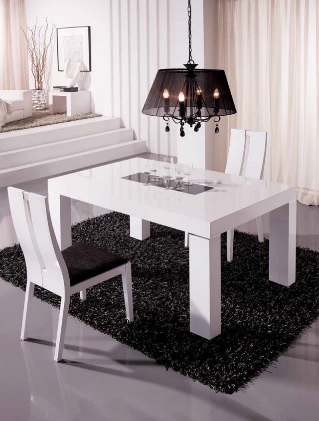 table-salle-manger-extensible-blanche-élégante-tapis-noir-shaggy-suspension-noire table salle à manger extensible