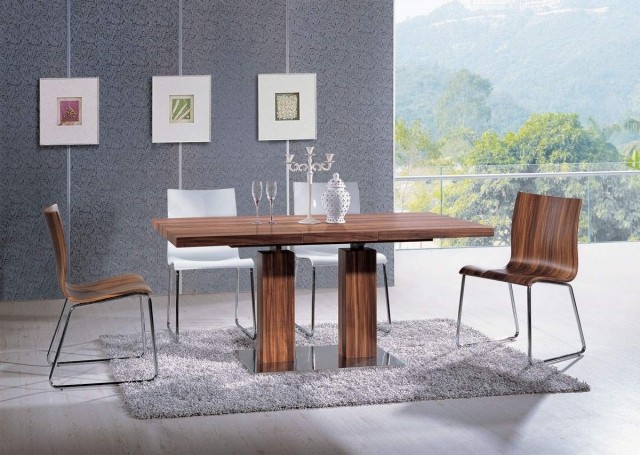 table-salle-manger-extensible-bois-design-élégant-épuré-chaises-bois-tapis-blanc table salle à manger extensible