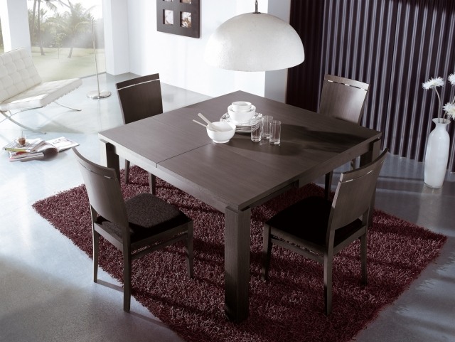 table-salle-manger-extensible-bois-sombre-chaises-élégantes-tapis-bordeaux table salle à manger extensible