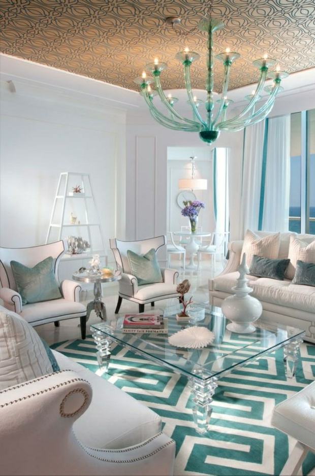 table verre laisse paraître motifs zig zag tapis turquoise blanc