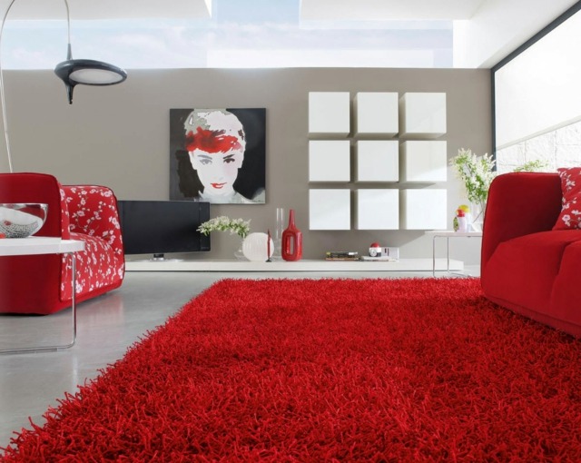 tapis poil long rouge design