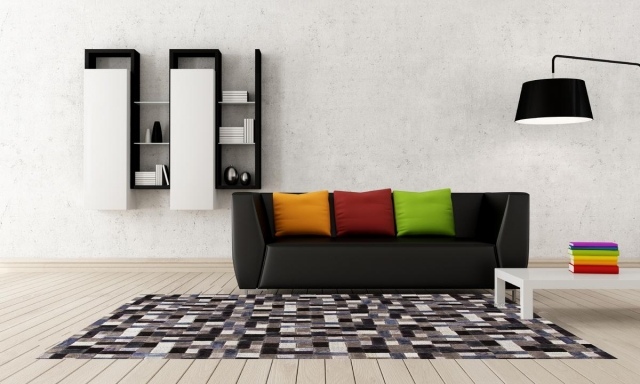 tapis-puzzle-gris-noir-beige-salon-canapé-noir-lampe-noire tapis puzzle