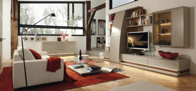 tapis rouge salon moderne meuble gris