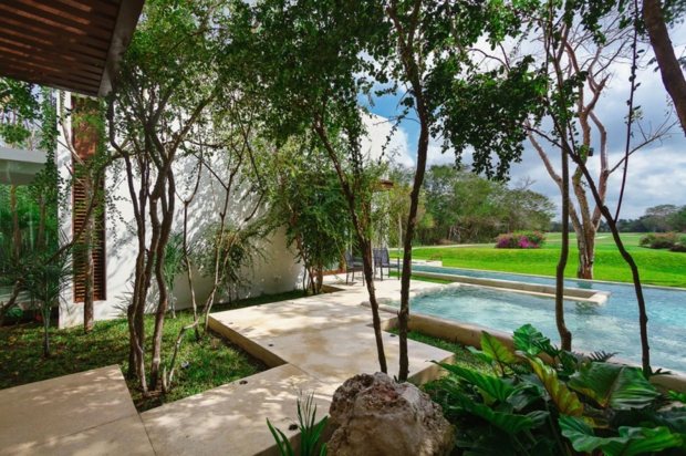 terrasse avec piscine complémentée par myriade arbres