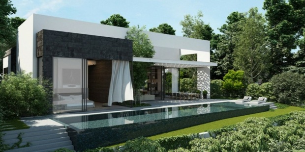 terrasse avec piscine à débordement et jardin verdoyant