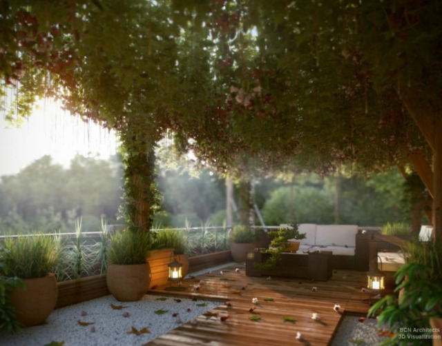 terrasse bois avec verdure luxuriante