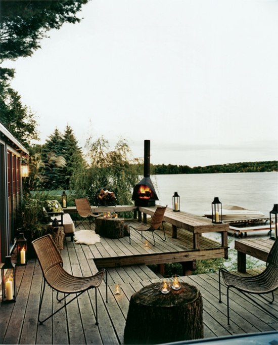terrasse extérieure banc cheminee exterieure quai lac