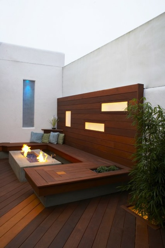 terrasse exterieure banc foyer exterieur bois