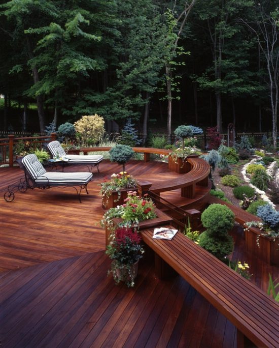 terrasse jardin chaise longue banc circulaire