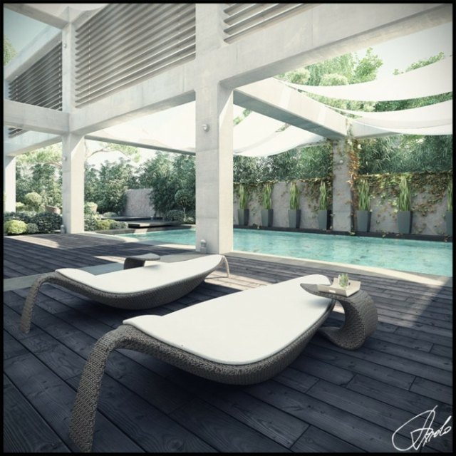 terrasse piscine chaises longues design