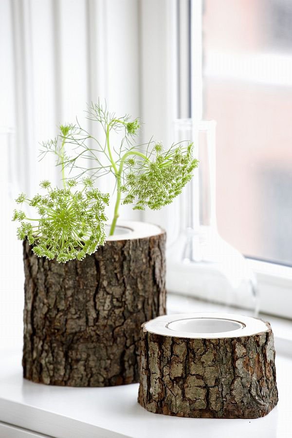 troncs arbres transformes vases fleurs