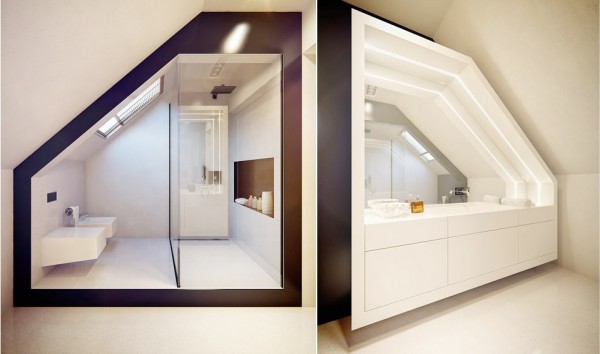 Usage créatif de l'espace réduit  salle de bains blanc minimaliste 