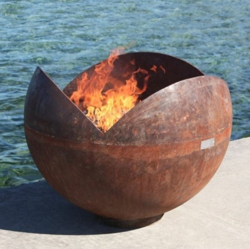 vasque bol coupe feu bord pierre eau rouille corten sphere decoupe coupe metal tronque volume