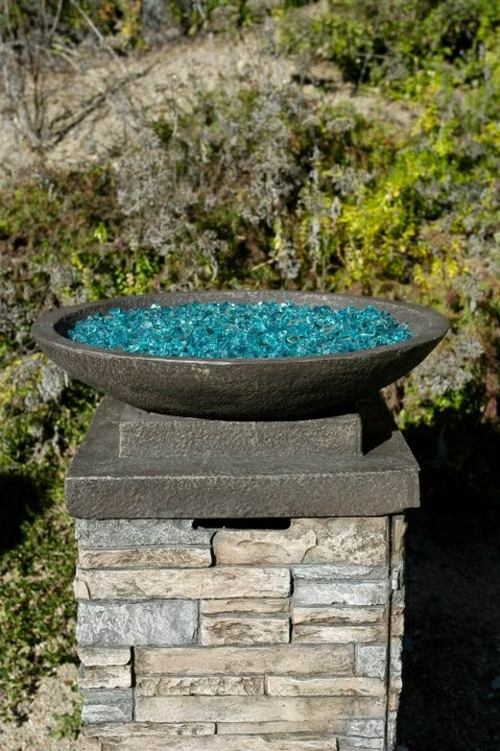 vasque pierre feu galet verre bleu vert marine pilier pierre seche