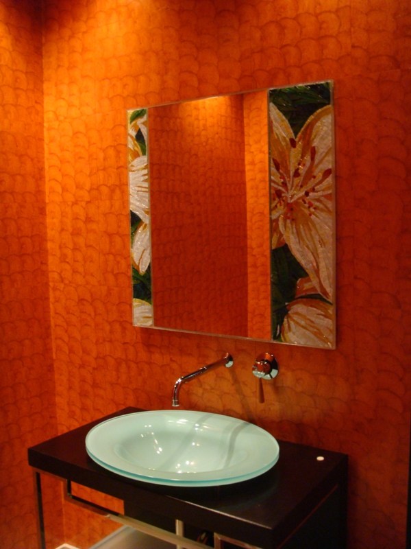 vue lavabo moderne mur orange original