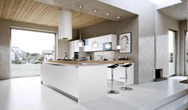 îlot-cuisine-moderne-blanc-suspensions-élégantes-chaises-bar-noires-plafond-bois îlot de cuisine